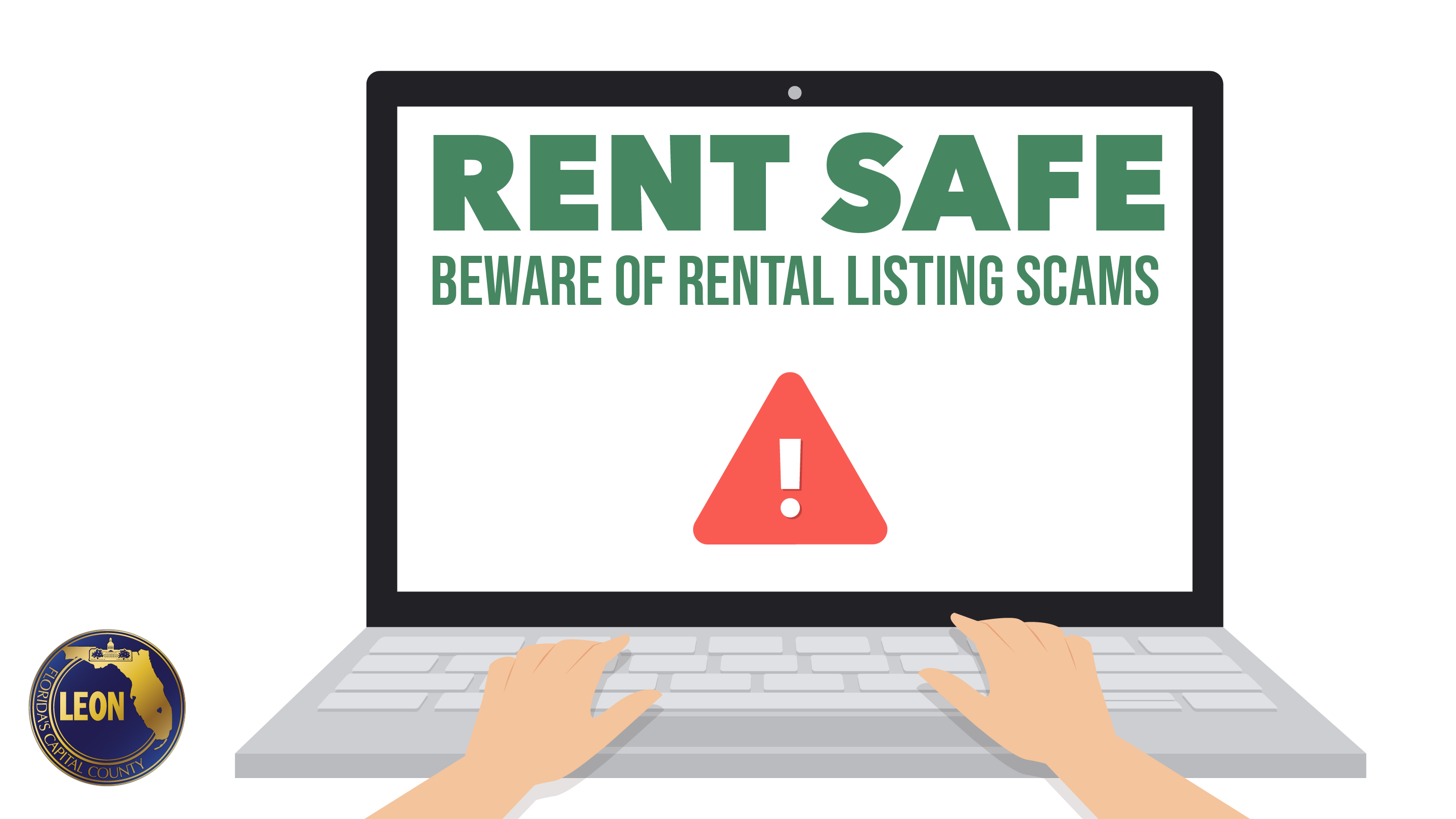 Graphic with two hands on a laptop keyboard and a laptop screen with the words "Rent Safe Beware of Rental Listing Scams"